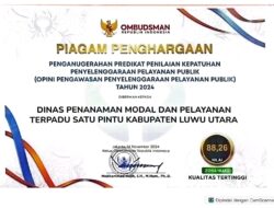 DPMPTSP Lutra Raih Anugerah Pelayanan Publik Kualitas Tertinggi dari Ombudsman